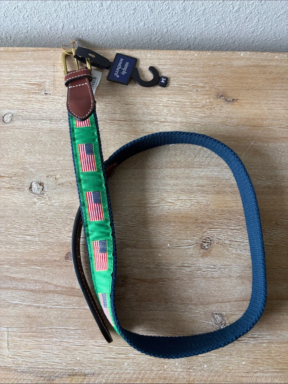 NWT Green American Flag Ribbon Belt with Brown Leather Trim